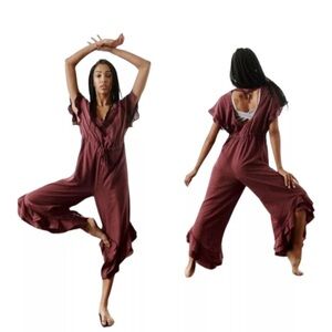 Free People Movement Shelter Ruffle Jumpsuit Wine Bordeaux Purple XS NWT